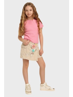 Escabel Önü Çiçek Işlemeli Şort Etek - Taş Rengi