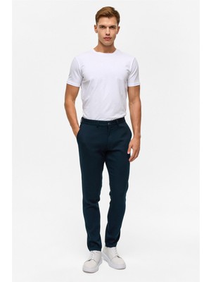 Lacivert Slim Armürlü Kanvas Pantolon