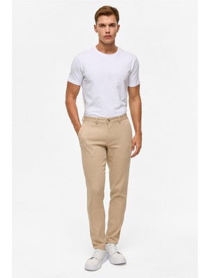 Bej Slim Armürlü Kanvas Pantolon