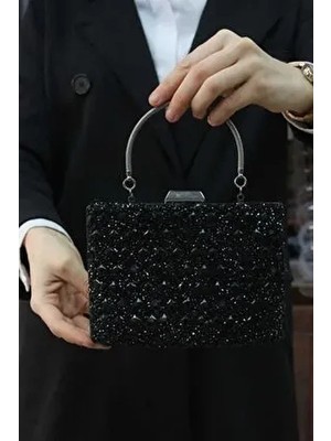 Kadın Siyah Taşlı Abiye Clutch Portföy Çanta