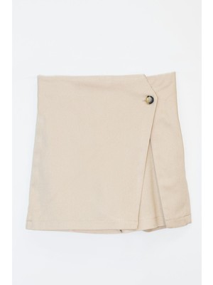 Önden Düğmeli Kız Şort Etek - Bej