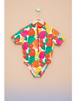 Pembe Meyve Desenli Fermuar Kapamalı Kısa Kol Kız Çocuk Mayo 21133