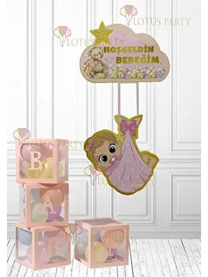 Lotus Party Kız Bebek Hastane Oda Süsleme Pembe Renk 1 Adet Kapı Süsü ve 4 Adet Baby Kutu
