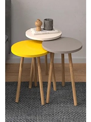 Monte Sehpa Beyaz Cappuccino Sarı Roma Zigon Sehpa Yuvarlak Suntalam Ayaklı Modern Tasarım 3 Adet