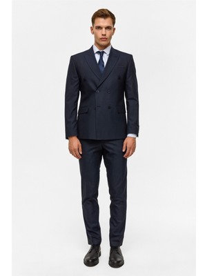 Lacivert Slim Çizgili Kruvaze Yaka 6 Drop Takım Elbise