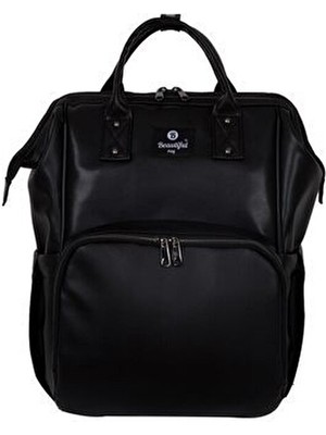 Beautiful Bag Siyah Yumuşak Deri Sırt Çantası Anne Bebek Bakım İçin Geniş Kapasite ve Suni Deri
