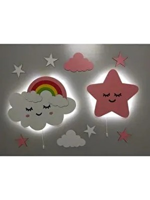 Çocuk Odası Dekoratif Ahşap Gökkuşağı Bulut Sevimli Yıldız Gece Lambası Ledli Aydınlatma
