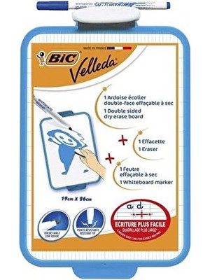BIC Mini Beyaz Yazı Tahtası 19x26 cm İki Yüzlü Silinebilir Kalem ve Silgi ile Turkuaz Renk
