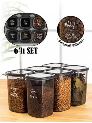 Beyaz Serigrafi Etiketli 6lı 1,2 Litre Peggy Kare Erzak Saklama Kabı Antrasit