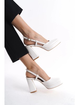 Biçomi Mety Beyaz Cilt Topuklu Ayakkabı