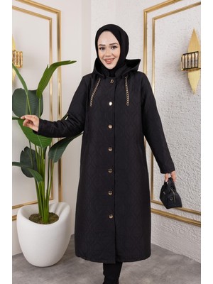 Nisan Kadın Büyük Beden Ara Boy Kapüşonlu Düğmeli Kapitone Ceket/mont