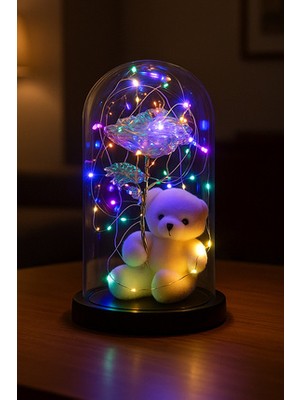 Anneler Günü Sevgiliye Hediye Ayıcık Ledli Fanus Sonsuzluk Gülü Hediyesi