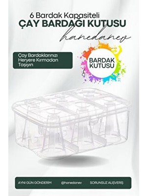 Hanedanev Çay Bardağı Taşıma Kutusu Şeffaf Plastik 6 Bardak Kapasiteli Piknik Kutusu