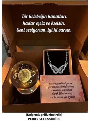 Çelik Kararmaz Kelebek Kolye ve 3D Renk Değiştiren Satürn Kız Kar Küresi Set Anneler Günü Hediye