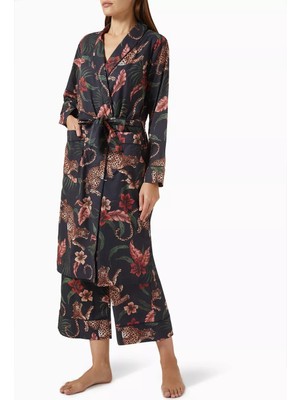 Soleia Kadın Lüks Organik Pamuklu Leopar Desenli Sabahlık Şal Yaka ve Kuşaklı