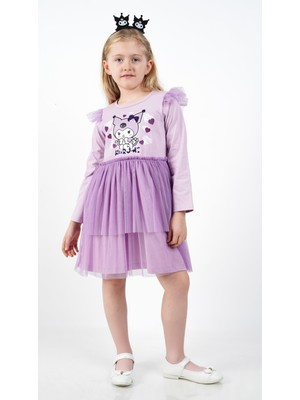 Kuromi Lila Tül Detaylı Kız Çocuk Elbisesi