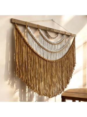 Vobu Home & Life Design El Yapımı Makrome Boho Duvar Süsü, Salon ve Yatak Odası Dekoru, Büyük Rustik Dekor ( Hardal- Krem)