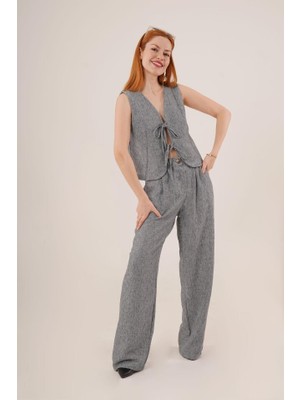 Ön Bağlama Detaylı Yelek ve Pantolon Antrasit Ikili Takım