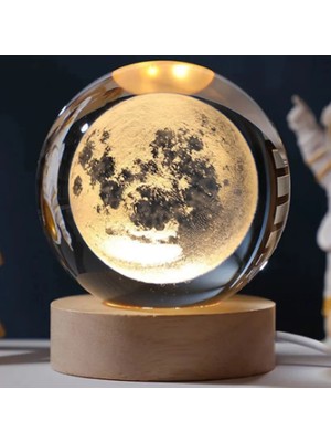 Dekoratif Dolunay Tasarımlı Ahşap Altlıklı Işıklı Cam Küre Büyük Boy 8cm