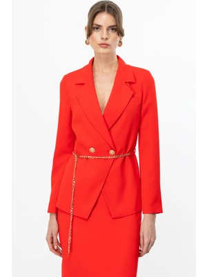 Ekol Kadın Beli Zincir Kemerli Kruvaze Ceket 4214 Mercan