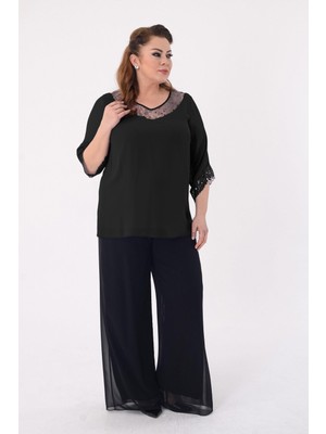 Büyük Beden Siyah Renkli Şifon V Yaka Abiye Bluz