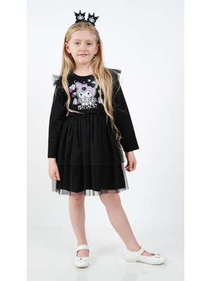 Kuromi Siyah Tül Detaylı Kız Çocuk Elbisesi