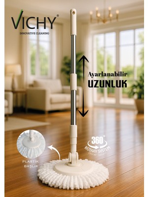 Vıchy Mop Sap Seti  (Ayarlanabilir Alüminyum Sap-Plastik Mop Başlığı,mikrofiber Bez)  3lü Set VCH-6682