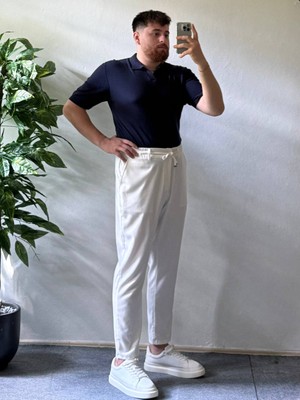 Erkek Oversize Lacivert Yazlık Triko Polo Yaka, Örgü Kumaş, Geniş Kalıp Kısa Kollu Model