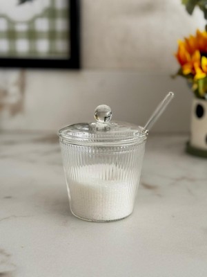 Borosilikat Cam Kapaklı ve Cam Kaşıklı Optik Çizgili Tuzluk & Şekerlik