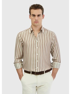 Kahverengi Çizgili Casual Fit Dokuma Casual Gömlek