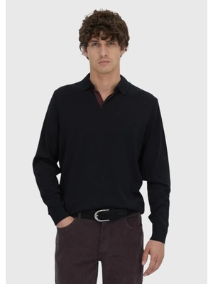 Siyah Polo Yaka Düz Sweatshırt