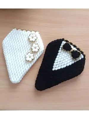 Çeyizlik El Örgüsü 2'li Siyah Beyaz Gelin Damat Lif Seti Çilek Model