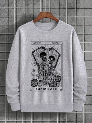 Açık Gri Önü Bisiklet Yaka Kalp Simgeleyen Iskelet Baskılı Sacin Rose Uzun Kol T-Shirt