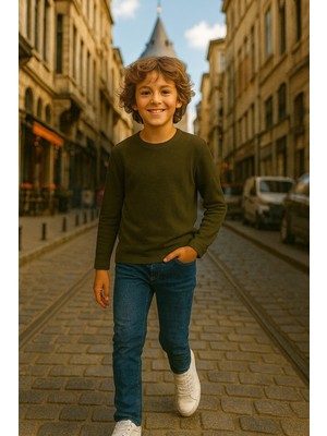 Cloise Çocuk Uzun Kollu T-Shirt Haki %100 Pamuk Unisex Rahat Comfort Fit 11 - 12 Yaş