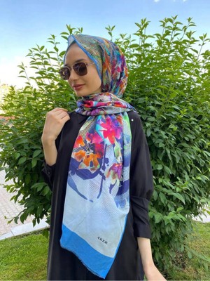 Yaz Serinliği Çiçek Desenli Ipek Koton (Pamuklu) Etol Şal 7848777 Mavi
