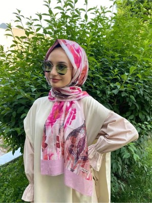 Yaz Serinliği Çiçek Desenli Ipek Koton (Pamuklu) Etol Şal 7746777 Pembe