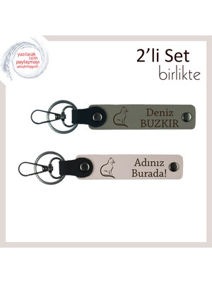 Patili Aşklara Özel Hediye, Kedi Figürlü, Isme Yazılabilir 2’li Deri Anahtarlık, Kül Gri-Pudra