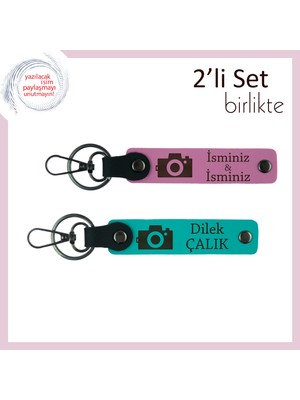 Kareler Arasında Aşk Taşı, Kamera Temalı, Isme Özel Deri Anahtarlık Takımı, Pembe-Koyu Turkuaz