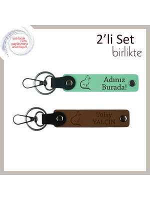 Minnoş ve Mistik, Kedili Stil, Kişisel Yazılı Anahtarlık Hediyesi, Açık Yeşil-Açık Kahve