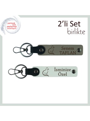 Kedi Anısına Kalıcı Hediye, Sevimli Temalı, Kişisel Yazılı Deri Anahtarlık, Kül Gri-Beyaz