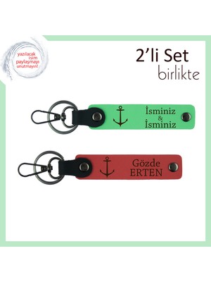 Deniz Temalı Kız Kardeşe Verilebilecek Kişisel Armağan, Çapa Desenli Deri Set, Fıstık Yeşil-Nar