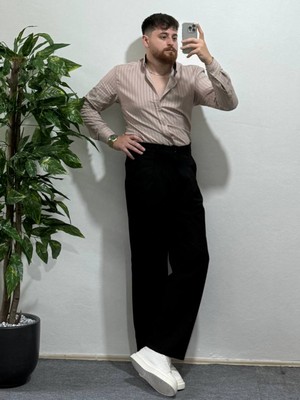 Erkek Bej Çizgili Uzun Kollu Slim Fit Şık Ofis Günlük Klasik Kombin Tarz Gömlek