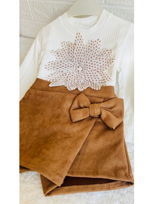 Kız Çocuk Kurdale Detaylı Süet Etekli 2 Renkli Uzun Kollu Alt ve Üst Takım