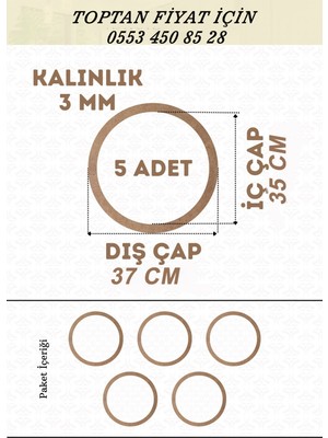 37 cm Çapında 5 Adet Kasnak 3mm-Kalınlık-Ham Mdf Düş Kapanı Makrome Örgü Çemberi Magnet
