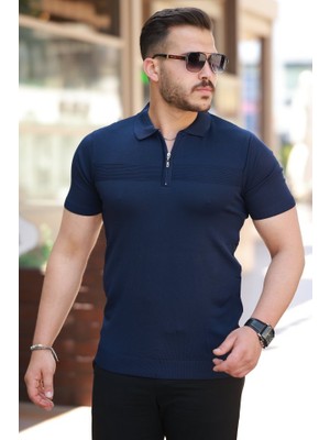 Erkek Göğüs Pirinç Desenli Fermuar Yakalı Kısa Kollu Tişört