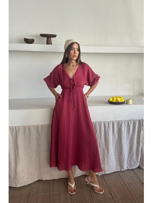 V Yaka Dökümlü Elbise - Pembe