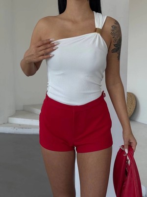 Biçomi Tek Omuzlu Otoman Kumaş Gold Metal Detaylı Bluz S2311