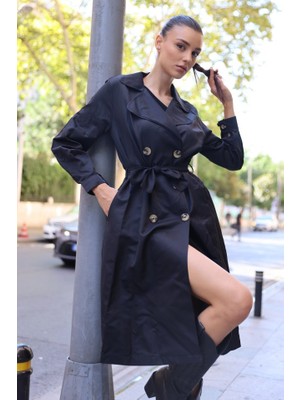 5853 Kruvaze Yaka Trençkot - Siyah