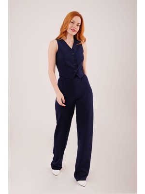 Cırt Kapama Detaylı Lacivert Pantolon