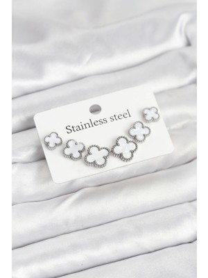 316L Çelik Gümüş Beyaz Renk 3 Boy Yonca Küpe Seti - TJ-BKP11236